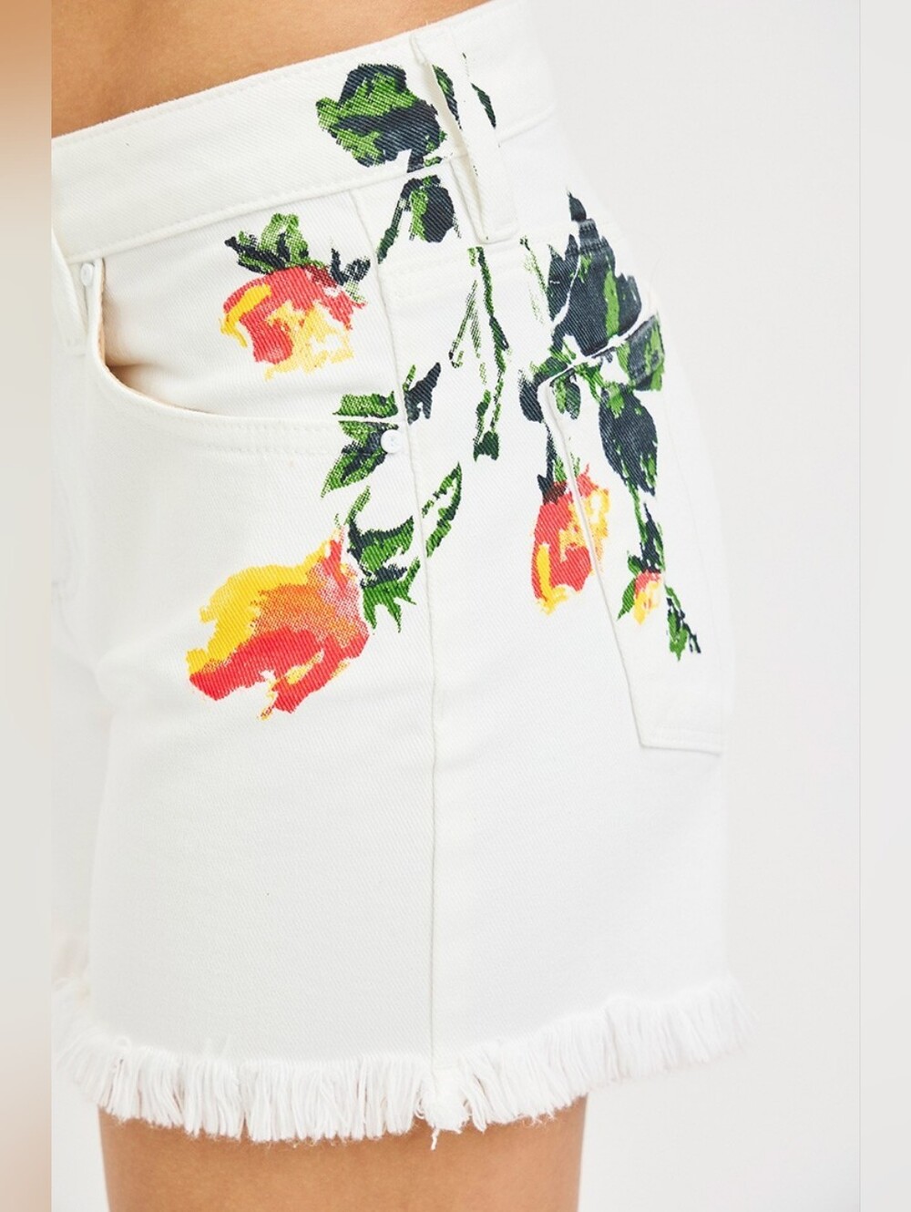 RISEN Tummy Control High Rise Flower Printed White Denim Shorts - Picture 4 of 10